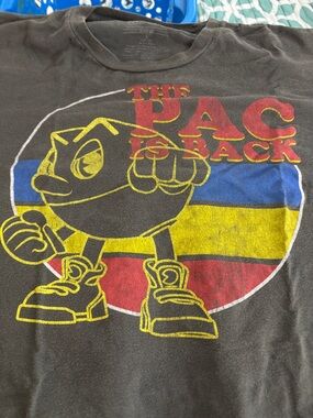 Retro Pac-Man Graphic Tee in Black with Red, Yellow & Blue Print